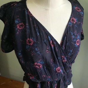 Arizona Jeans Floral V-Neck Ruffle Mid Wrap Shirt